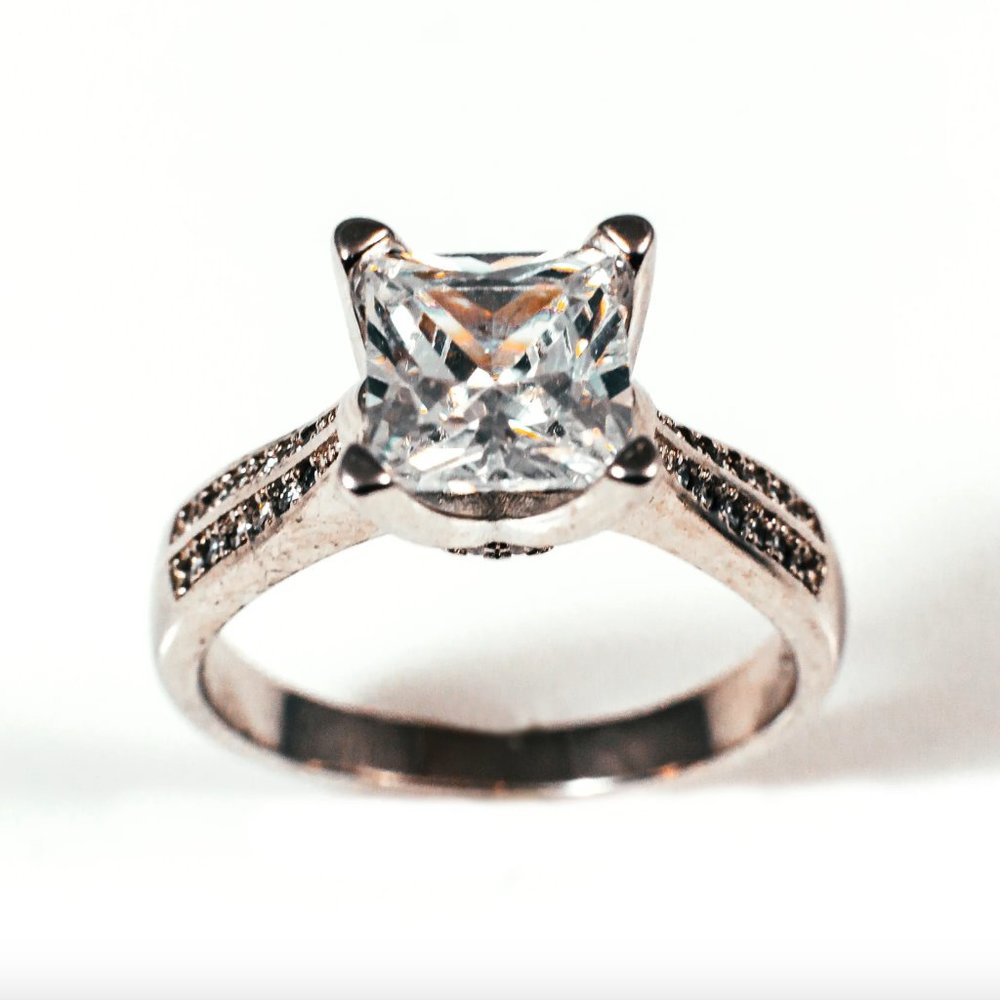 Sterling Silver Princess Cut Diamond Simulant Pave Ring Size 8